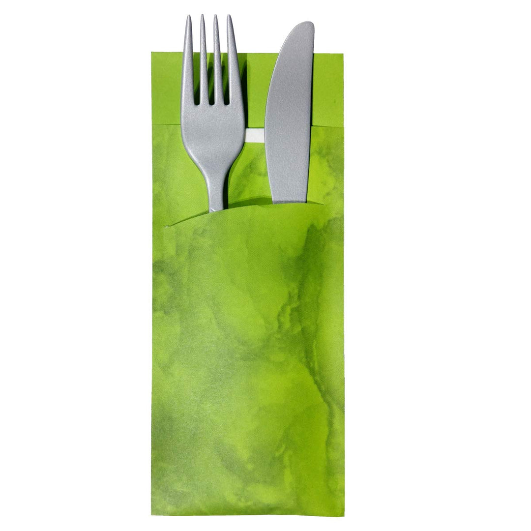 520 Bestecktaschen mit Serviette apfel-grün marmoriert 20 cm