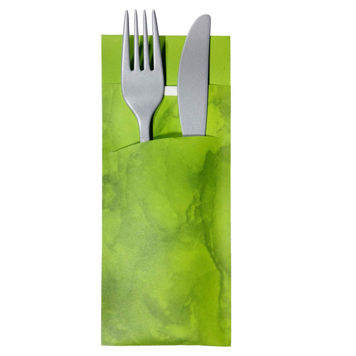 520 Bestecktaschen mit Serviette apfel-grün marmoriert 20 cm