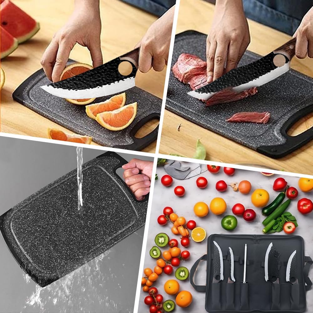 6 Pcs Kochmesser Set Mit Tasche, Küchenmesser, Wetzstahl,Schneidebrett, Handgeschmiedet Chefmesser,
