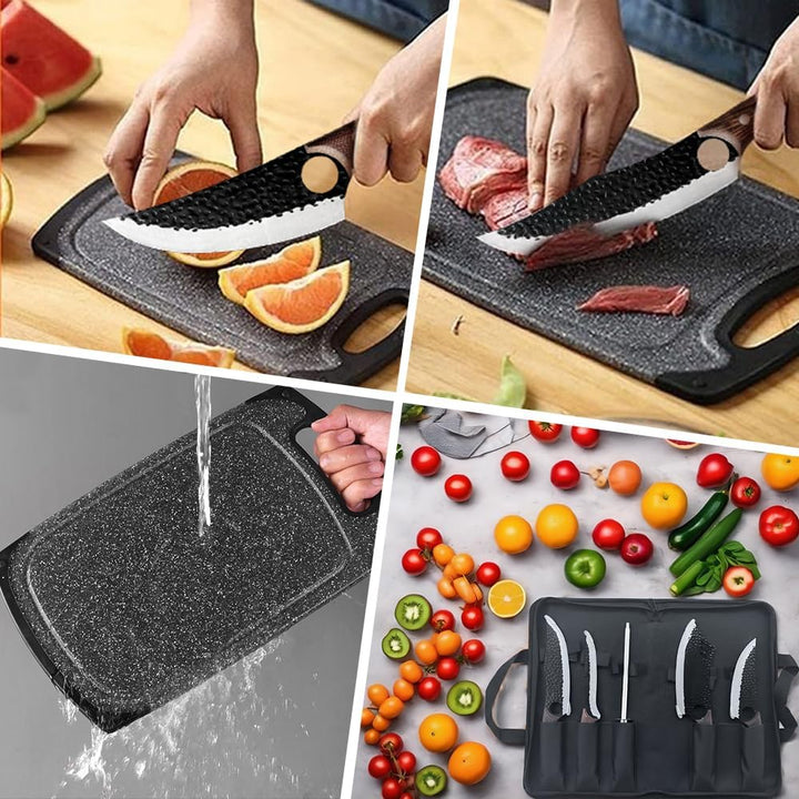 6 Pcs Kochmesser Set Mit Tasche, Küchenmesser, Wetzstahl,Schneidebrett, Handgeschmiedet Chefmesser,