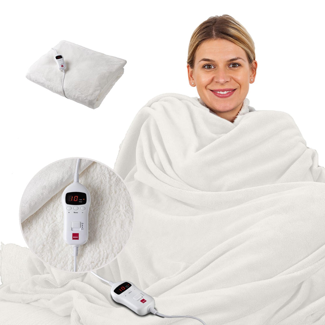 SENSIOHOME Luxus Heizdecke Creme, Elektrische Kuscheldecke aus Flanellfleece mit Teddyfleece-Innense
