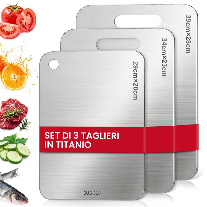 Titan Schneidebrett Set 3 Stück - S316 Edelstahl Schneidebrett, Titanium Cutting Board, Doppelseitig