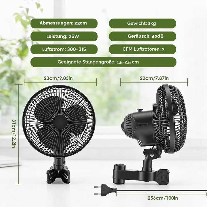 Grow Clip-Ventilator 25W, Oszillierender Klemmbar 22cm Durchmesser für Growzelt Growbox mit 1.5m lan
