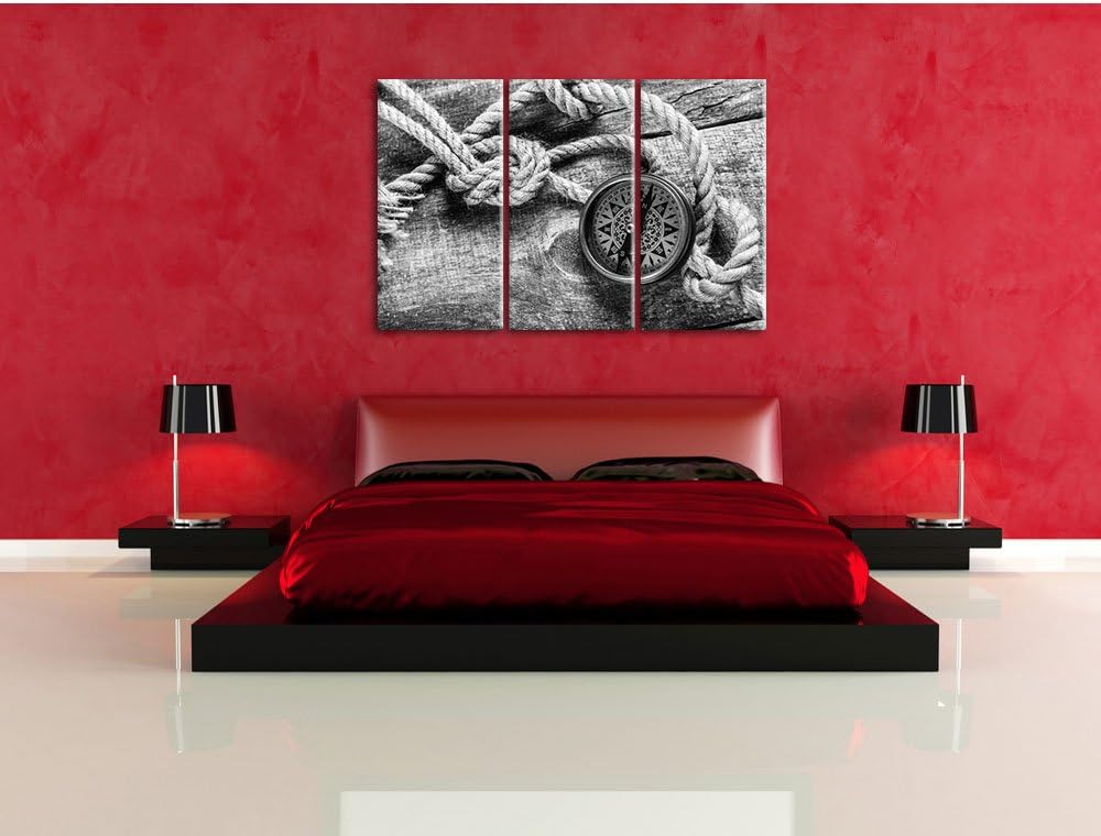 Pixxprint Schiffseil und Kompass auf Holzuntergrund Kunst B&W 3-Teiler Leinwandbild 120x80 Bild auf