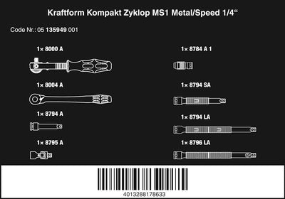 Wera 05135949001 Kraftform Kompakt Zyklop MS1 Metal/Speed 1/4 Zoll, 8-teilig, 8 Stück, Farbig, One S