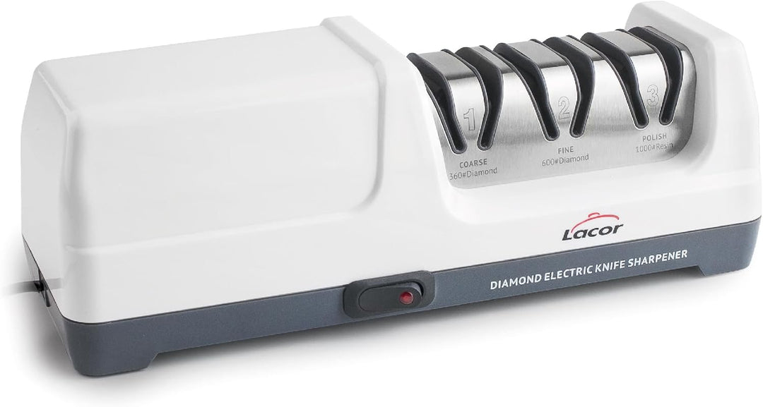 Lacor - 69432 - Drei Messerschärfer, elektrisch 18 W, 3 Stufen, mit Diamantscheiben, Für Stahl- und