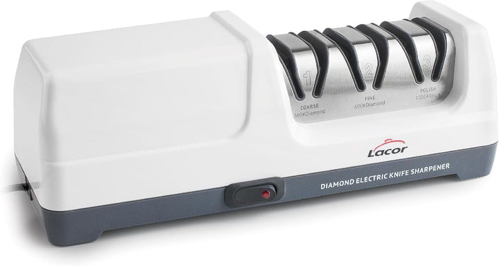Lacor - 69432 - Drei Messerschärfer, elektrisch 18 W, 3 Stufen, mit Diamantscheiben, Für Stahl- und