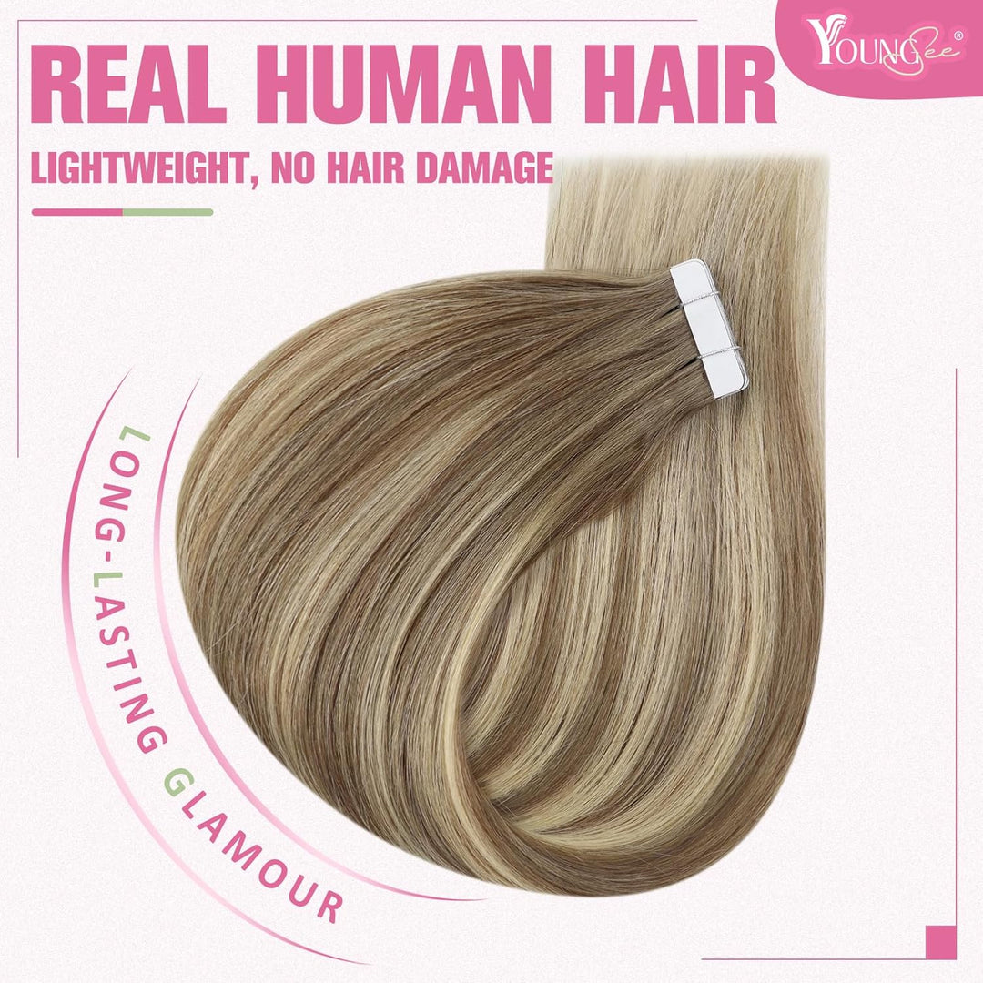 YoungSee Tape Extensions Echthaar Ombre 50 cm Echthaar Extensions Tape Ombre Braun bis Blond Tape in