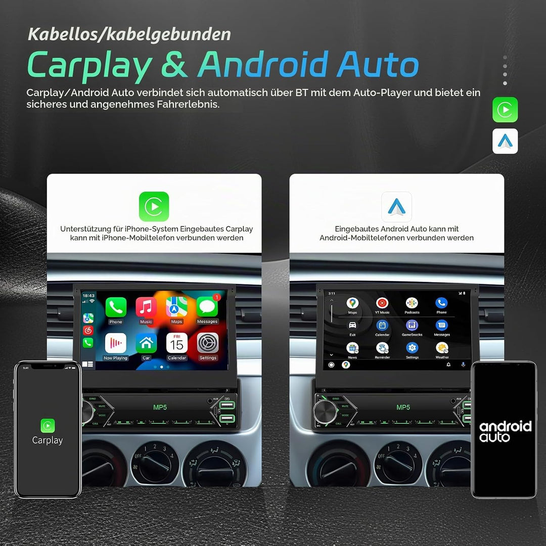 CAMECHO 1 DIN Wireless Carplay Android Auto, 7 Zoll Auto Bildschirm Videoausgang/AUX-IN/FM/TF/Mirror