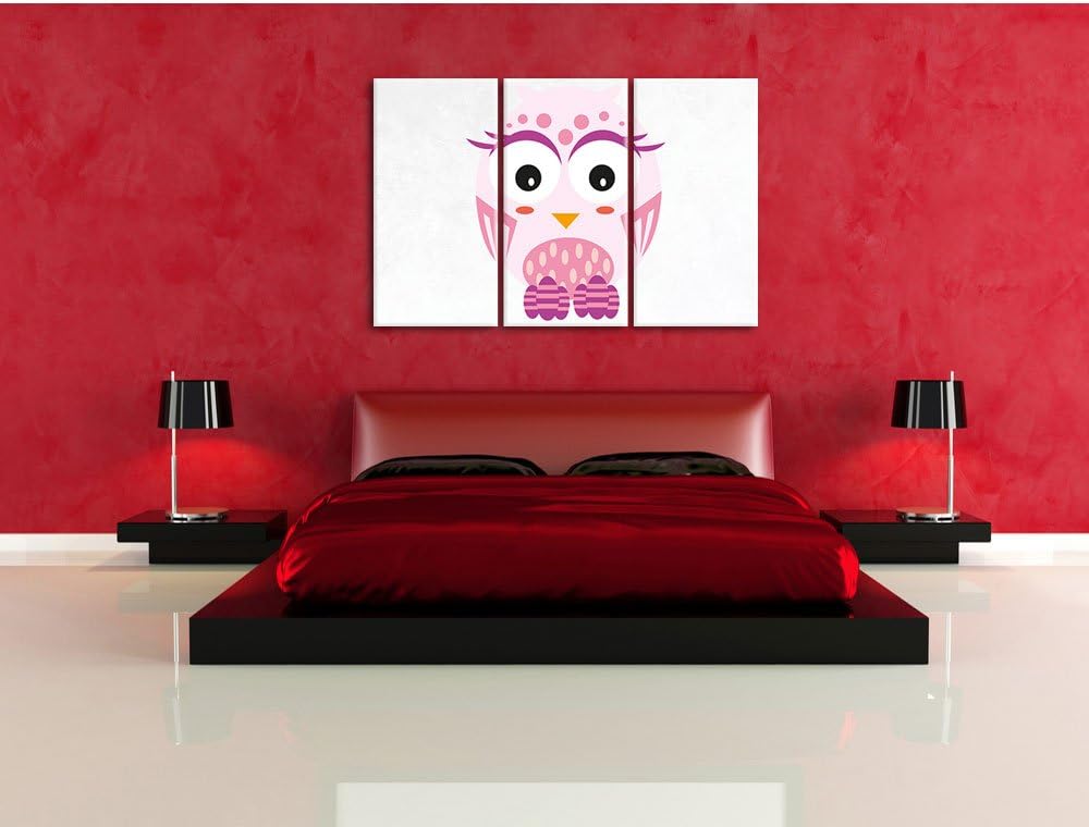 Pixxprint Hübsche rosa Eule weiss 3-Teiler Leinwandbild 120x80 Bild auf Leinwand