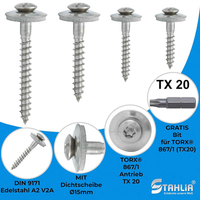 Stahlia 200 Stück 4,5x40mm Spenglerschrauben mit Dichtscheibe Ø15mm Edelstahl VA V2A TX20 für Wellbl