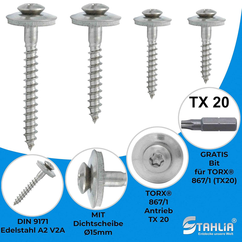 Stahlia 200 Stück 4,5x45mm Spenglerschrauben mit Dichtscheibe Ø15mm Edelstahl VA V2A TX20 für Wellbl