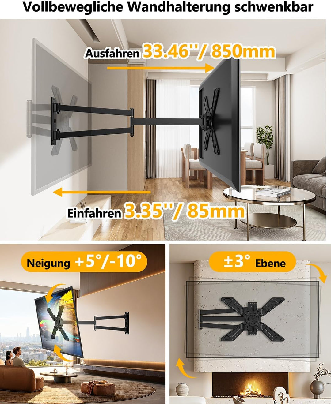TV Wandhalterung Schwenkbar für 32-75 Zoll Fernseher, 180° Drehung von Querformat zu Hochformat Ecke