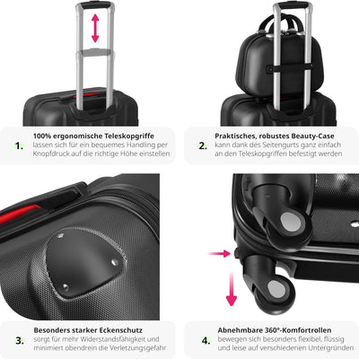 TecTake 800763 Kofferset 4-TLG., robuste Hartschalenkoffer, abnehmbare Rollen 360°, ineinander stape