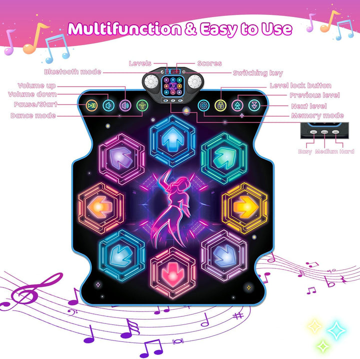 Tanzmatte Mädchen Spielzeug für Kinder, 27 Levels Tanzmatte mit 8 LED Leuchten ab 3 4 5 6 7 8 9 10 1