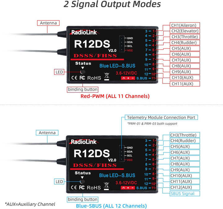 RadioLink R12DS 2.4G 12CH Empfänger für AT9 AT9S AT10 AT10II Sender RC Teile Flugzeug Luftbildgerät