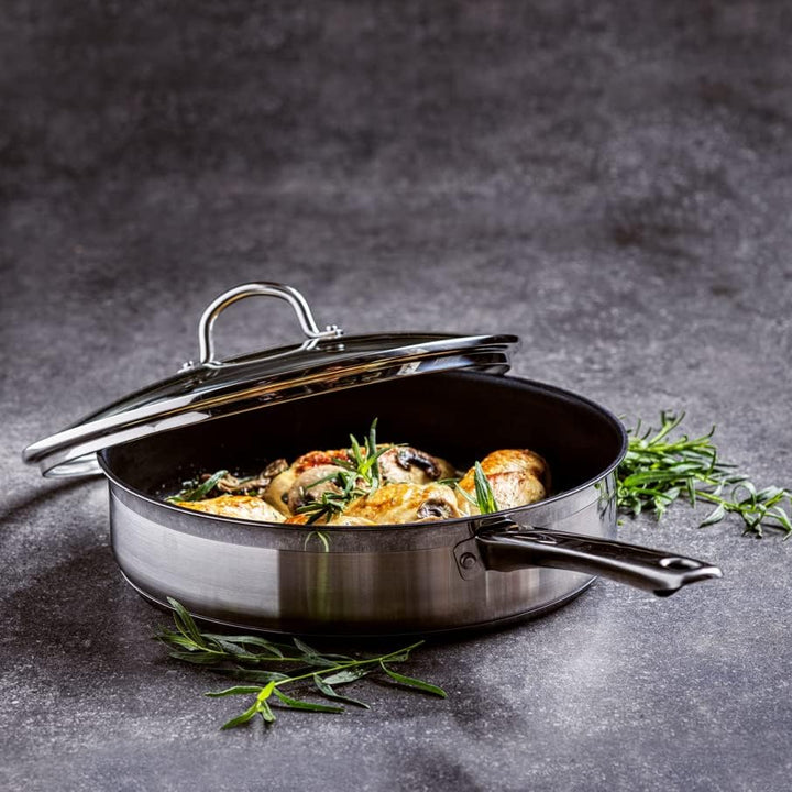 BK Cookware Allround Satinierte Edelstahl-Keramik-Antihaft-Pfanne (28 cm) mit Deckel, induktionsgeei