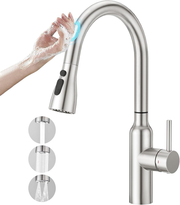 CREA Touch Sensor Wasserhahn Armatur Küche Ausziehbar, Küchenarmatur mit Brause Zwei Wasserstrahlart