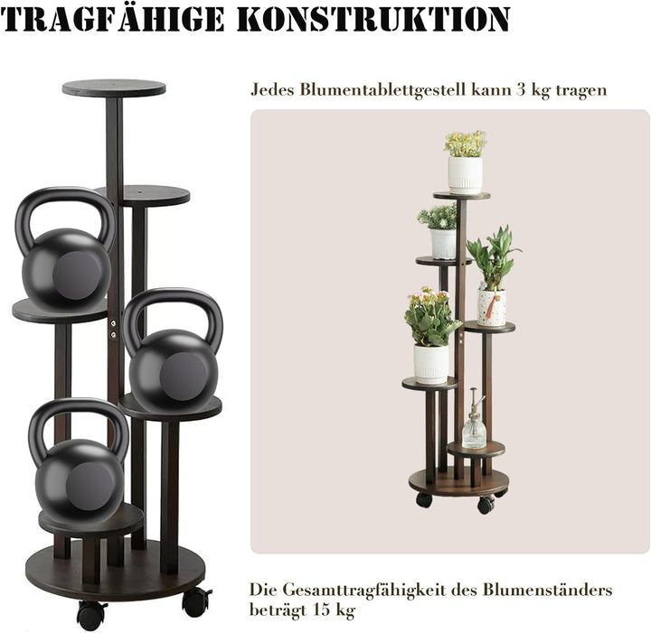 Blumenständer Bambus mit Rollen, 5 Etagen Pflanzenständer Blumenregal Balkon,Chassis Ø31.5*Oberes Fa