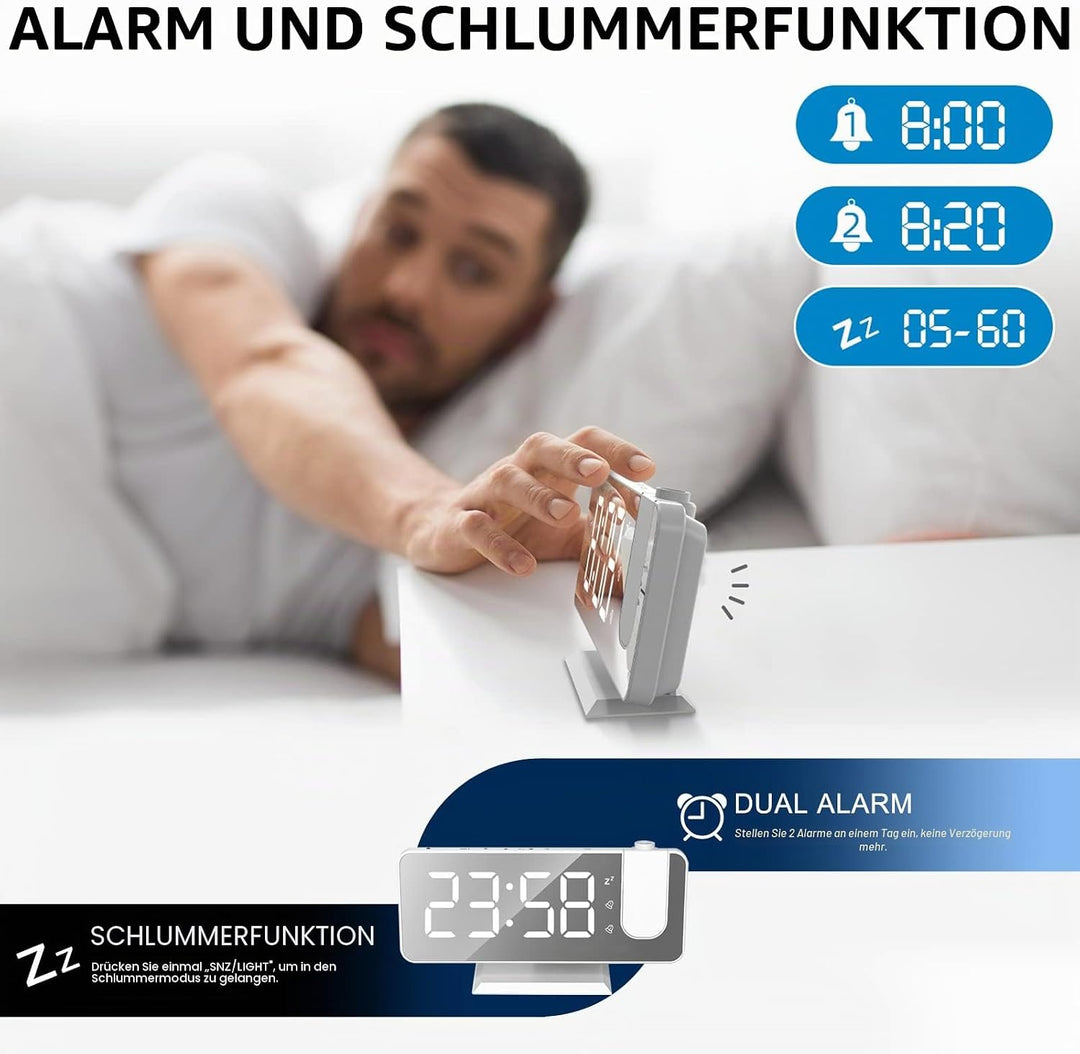 Exmate Projektionswecker, Digital Wecker mit Projektion, USB-Ladeanschluss, 7.5'' grosses Spiegel-LE