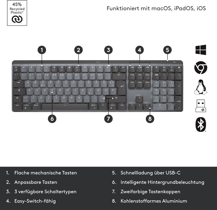 Logitech MX Mechanische kabellose beleuchtete Performance-Tastatur, Taktile leise Tasten, Hintergrun