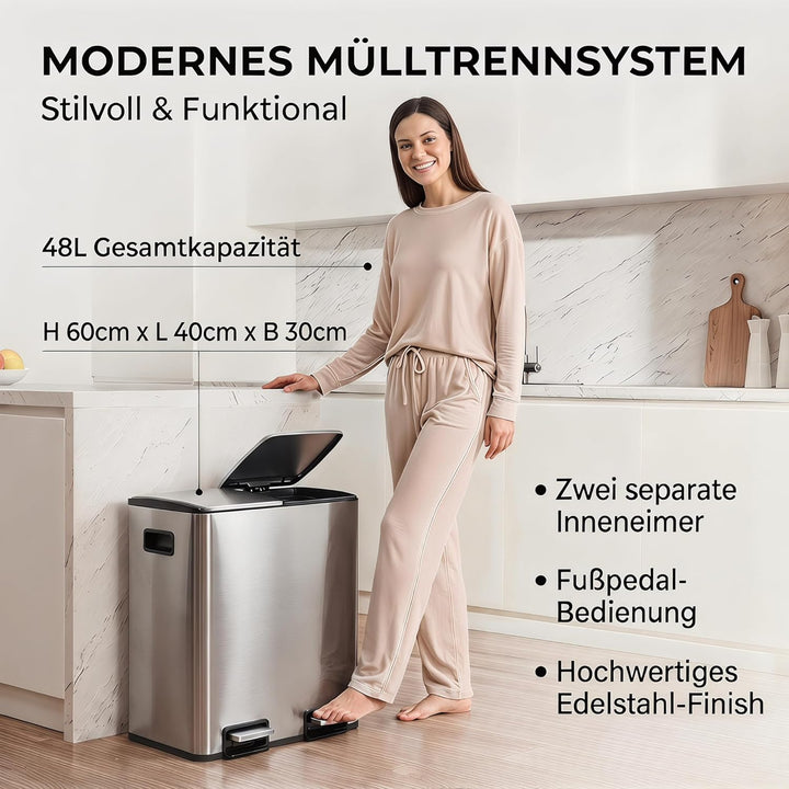 Mülleimer Küche 2 x 24L(48L), Edelstahl Treteimer mit Deckel, Mülltrennsystem 2 Fächer, Abfalleimer