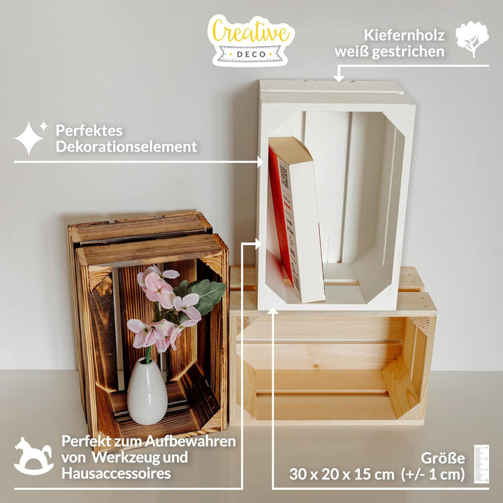 Creative Deco 3 x Kleine Holzkiste Weiss | 30 x 20 x 15 cm | Weinkisten Set Obstkiste Holz | Geschli