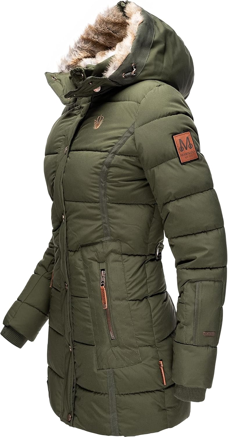 MARIKOO Damen Warmer Winter Steppmantel mit Kapuze Lieblings Jacke XS-XXL XS Olive, XS Olive