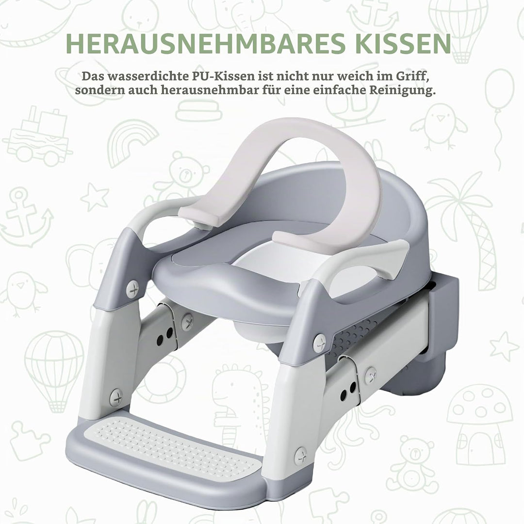 Toilettensitz Kinder mit Treppe, 2-in-1 Toilettentrainer für Kinder, WC Sitz mit PU Gepolsterter, Hö