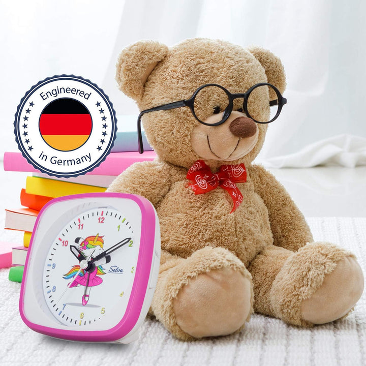 SELVA Quarzwecker Einhorn-Ballerina, perfekt zur Einschulung pink/weiss. Schleichende Sekunde lautlo
