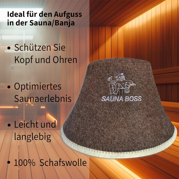 Sauna Boss Saunahut Herren Perfekte Saunamütze aus 100% Filz - Sauna Hut Filzhut Sauna Mütze Herren