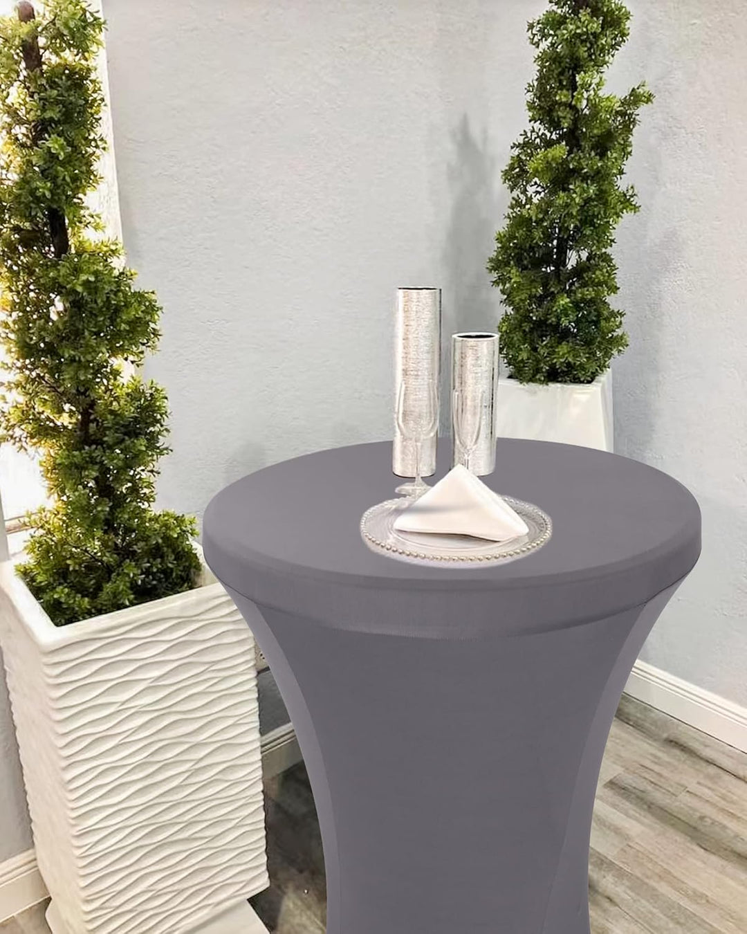 4er-Set Stretch Stehtisch Husse für Bistrotisch Ø 80-85 cm hellgrau, taillierter hoher Tisch, Cockta