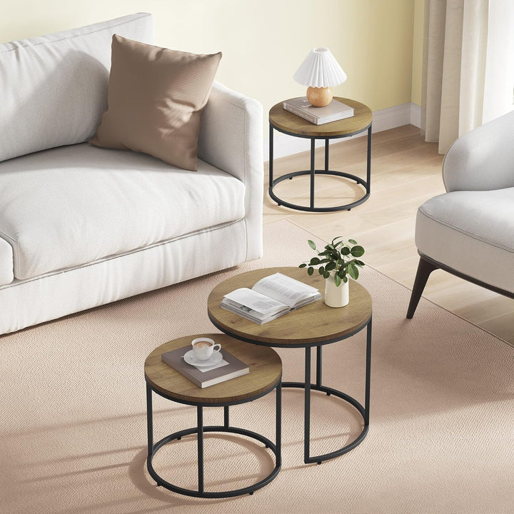 FORTENA 2er Set Couchtische, Schwarze oder goldene Metallbeine, Industrial-Stil, Raund (Eiche – Schw