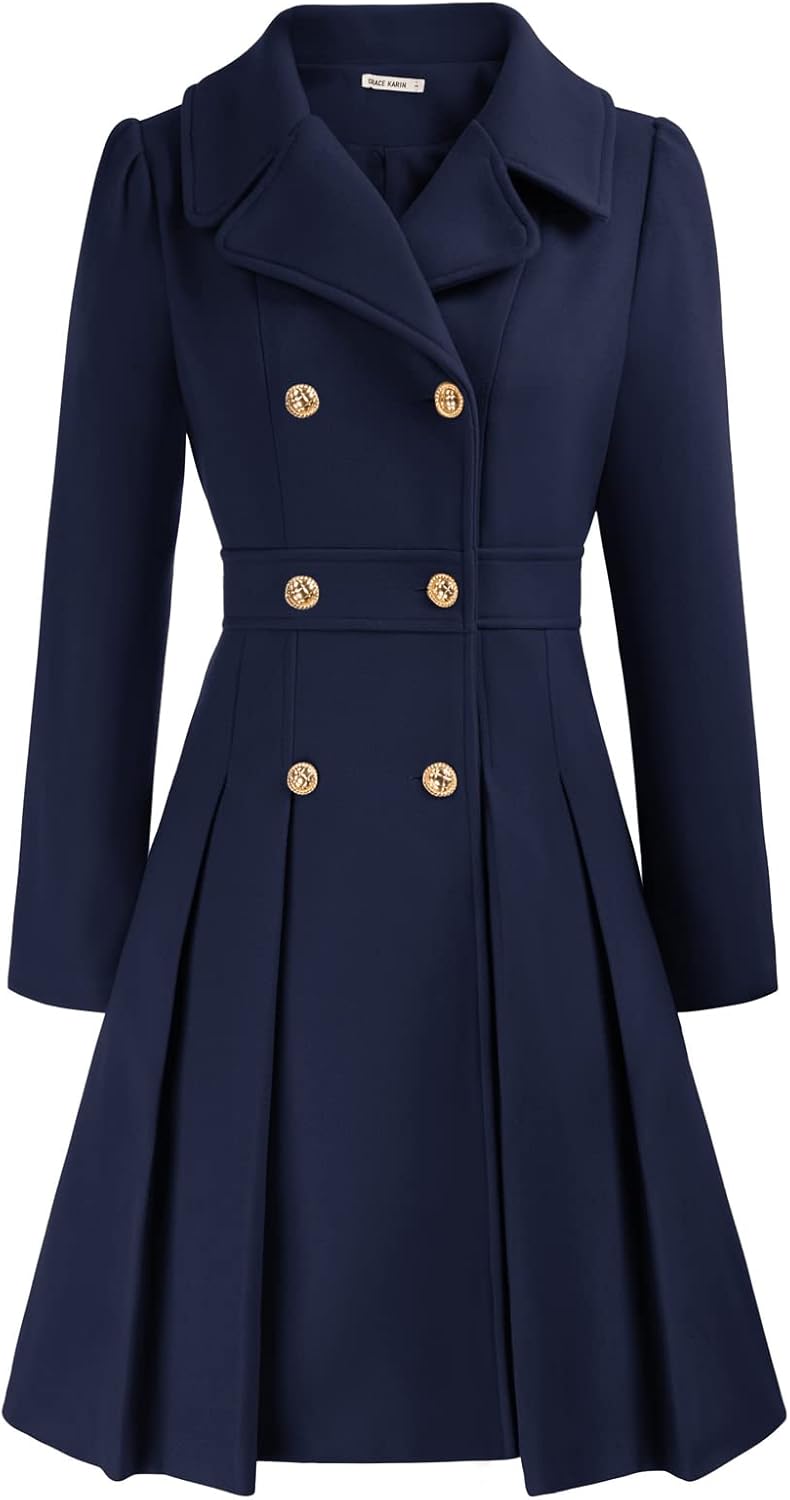GRACE KARIN Damen Mantel Wintercoat Revers Zweireihiger Mantel Knielang Trenchcoat Winter Lang A-Lin