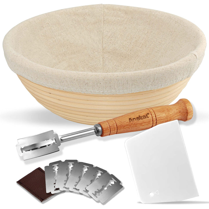 Anaeat 25 cm Brot-Banneton-Gärkorb-Set – runder Sauerteig-Gärkorb aus 100% natürlichem Rattan mit La