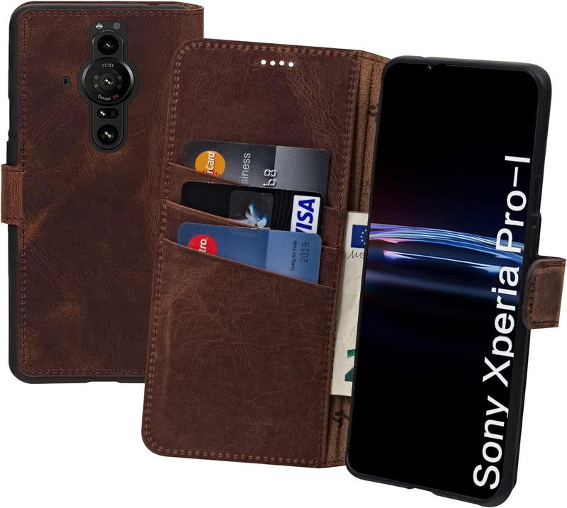 Suncase Book-Style Hülle kompatibel mit Sony Xperia Pro-I Leder Tasche (Slim-Fit) Lederhülle Handyta