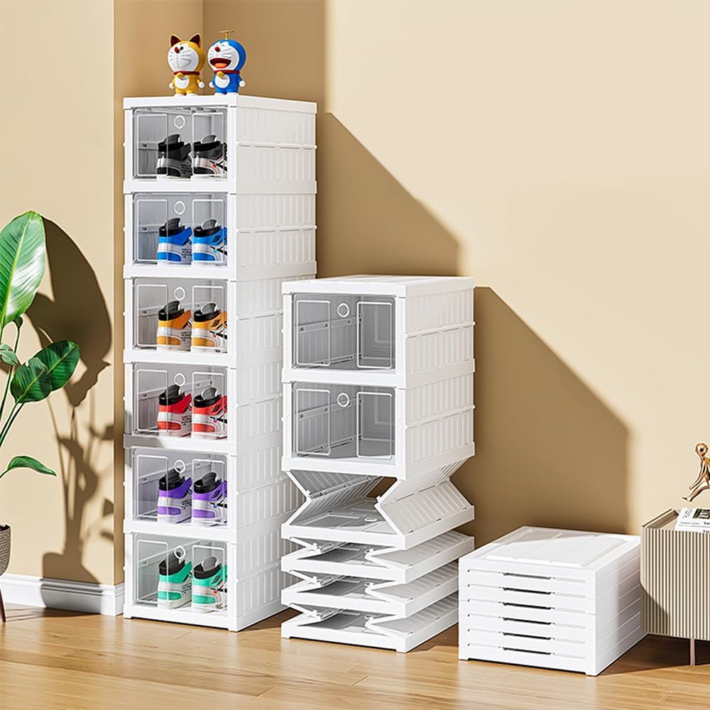 OHMG 6 Stück Schuhboxen, Aufbewahrungsboxen aus Kunststoff, transparent, stapelbar, faltbar, Regal f