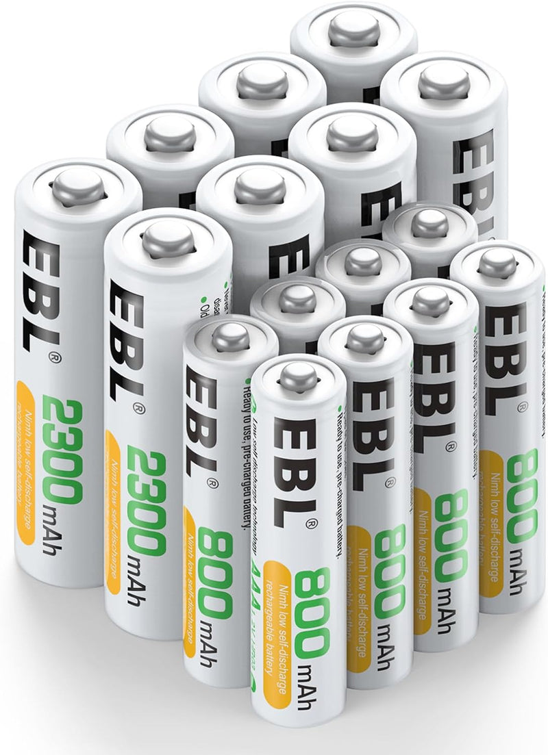 EBL AA und AAA Akku Set - 16 Stück, wiederaufladbare Batterien AA und AAA