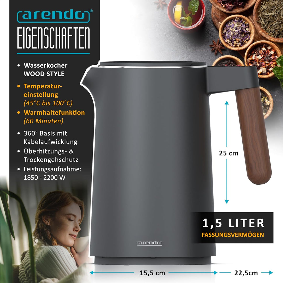 Arendo - Wasserkocher Toaster SET - Edelstahl - Wasserkocher mit Temrpatureinstellung - 45-100 Grad