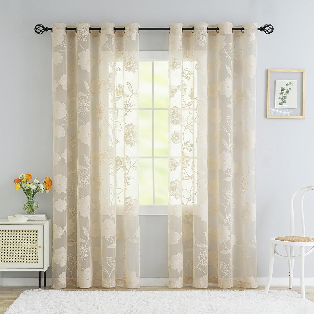 Treatmentex Spitze Vorhang Jacquard Gardinen mit Ösen Schwarze 3D Blumenmuster Halbtransparente Vorh