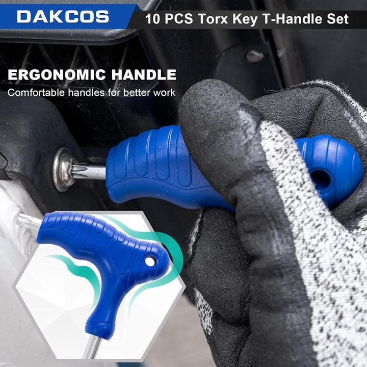 DAKCOS 10 tlg Torx Schlüssel Set mit T-Griff Torx-Stiftschlüssel mit Stirnlochbohrung für Innen-TORX