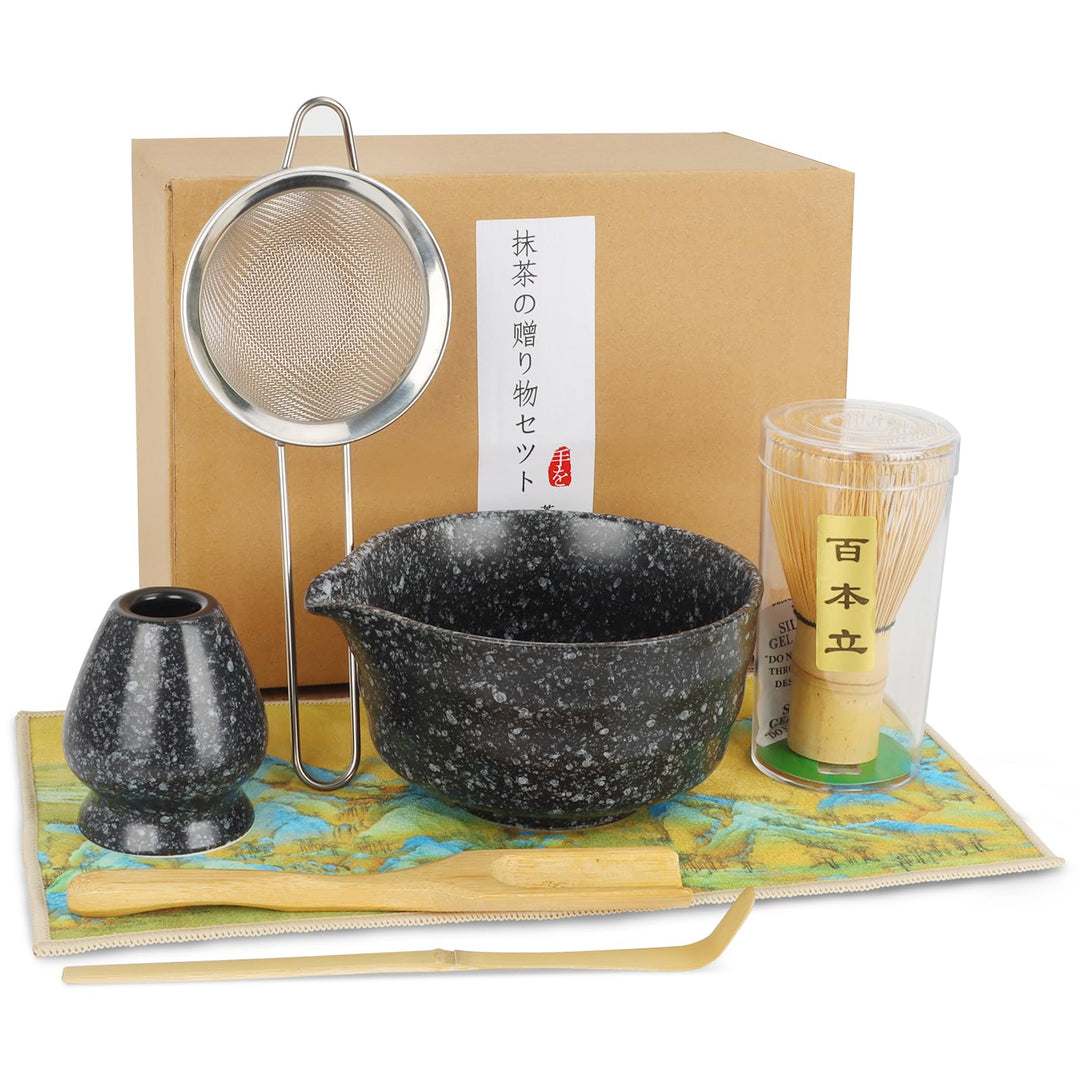 HuiJuKeJi 7 Stück Matcha Tee Set Set mit Besen, Filter, Schale und Löffel (Black), Black