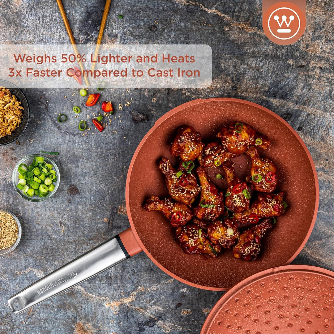 Westinghouse PERFORMANCE SERIES Wok Pfanne mit Deckel, Beschichtete Pfanne 28 cm mit Edelstahl-Griff