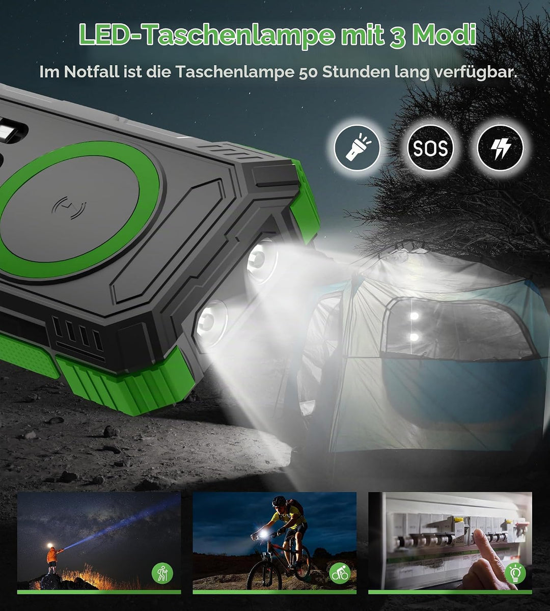 56800mAh Solar Powerbank, Wireless Power Bank gross mit 4 Kabeln, 30W PD Schnellladefunktion, 6 Ausg