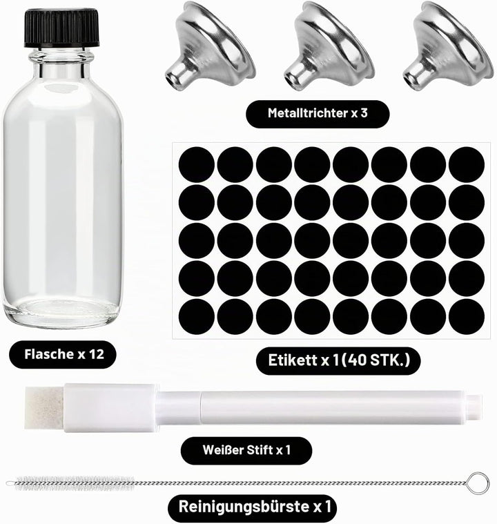 Mini Glasflaschen mit Deckel, 12 Shot Flaschen zum Befüllen 60ml, Kleine Glasflaschen, Kleine Schnap