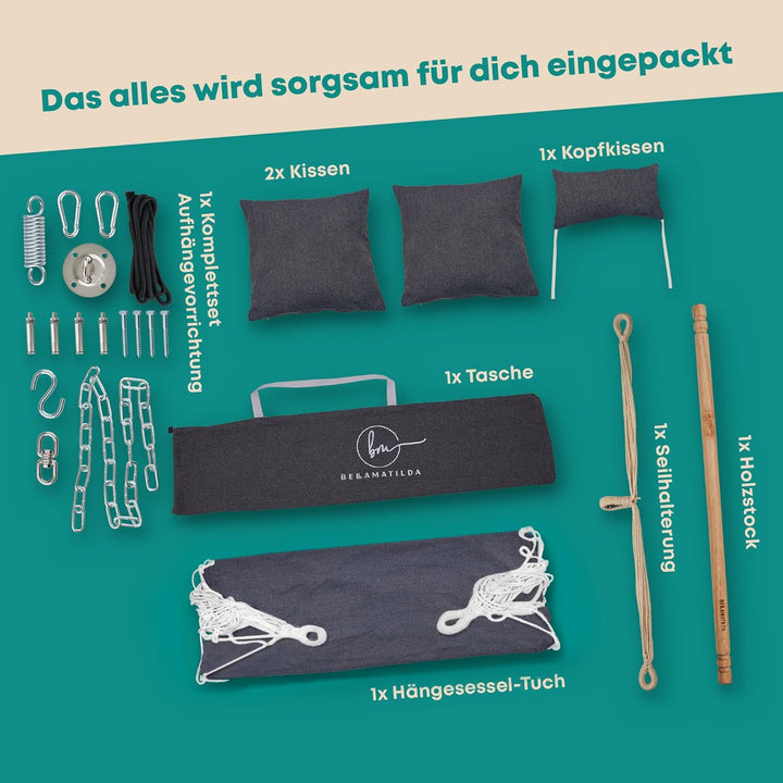 BELLAMATILDA® HÄNGESESSEL 3 Kissen &amp; Zubehör mit Seil und Haken | Hängeschaukel Outdoor &amp; Indoor | X