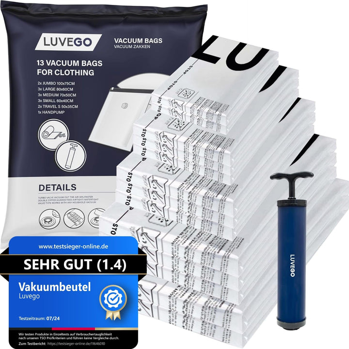 Luvego Vakuumierbeutel für Kleidung und Bettdecken mit Handpumpe - 13Stück, 2xJumbo, 3x Large, 3x Me
