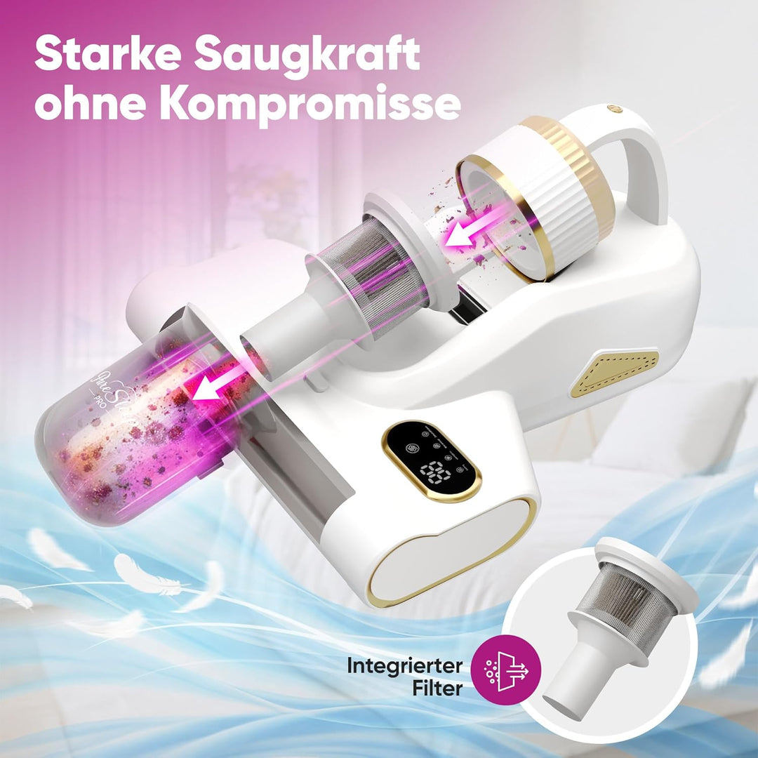 Milbensauger für Matratzen UV-Licht 99,9% Milbenentfernung 10.000Pa Kabellos, 3500 mAh Akku, Warmluf