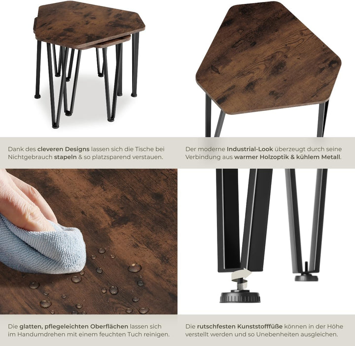 tectake Beistelltisch 3er Set, sechseckiger Couchtisch in 3 Grössen, Industrie-Stil, Holz Satztische