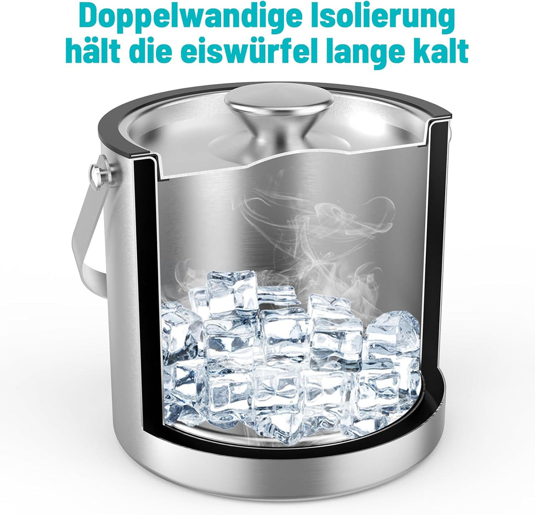 3L Eiswürfelbehälter mit Deckel, Schaufel & Zangen, Doppelwandig Edelstahl Isolierung Eiswürfel Behä